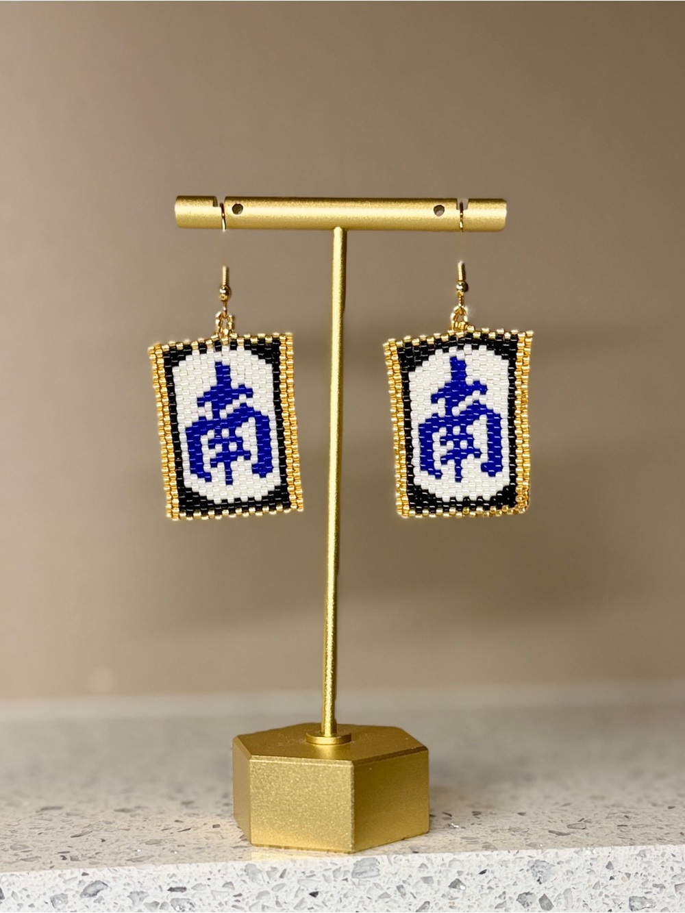 Handcrafted Blue and White Beaded Mahjong South Wind Tile Earrings NWOT